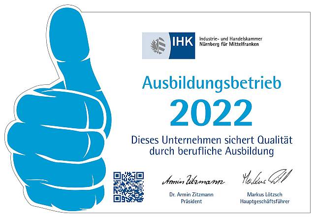 Anerkannter Ausbildungsbetrieb der IHK Nürnberg 2022